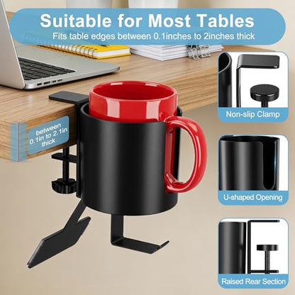 MYITYARD 3 in 1 Desk Cup Holder Clamp, Clip On Table Cup Holder with Headphone Hook & Power Strip Holder, Rotatable Water Bottle Drink Coffee Mug Organizer, Gaming Accessories for Home and Office - color: With Power Strip Holder