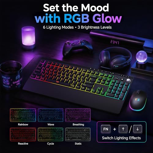 seenda Wireless Gaming Keyboard and Mouse, RGB Backlit & Web Customizable | Multi-Device Connection, Programmable, Full Size Rechargeable Keyboard with Wrist Rest & 7200 DPI Mouse for PC/Mac/Laptop
