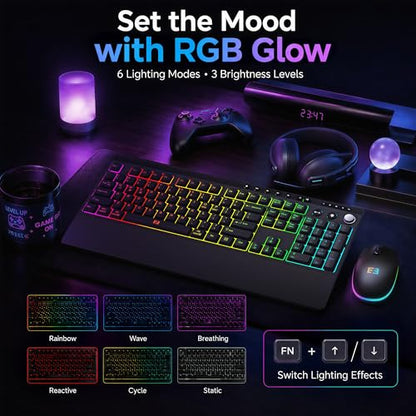 seenda Wireless Gaming Keyboard and Mouse, RGB Backlit & Web Customizable | Multi-Device Connection, Programmable, Full Size Rechargeable Keyboard with Wrist Rest & 7200 DPI Mouse for PC/Mac/Laptop