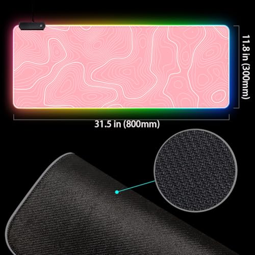Pink RGB Mouse Pad LED Desk Mat Large Gaming Mousepad Pink and White Line Design, Keyboard Pad XL Mouse Mat for Home and Office - color: Pink With White Topographic Line