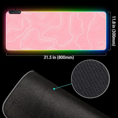 Pink RGB Mouse Pad LED Desk Mat Large Gaming Mousepad Pink and White Line Design, Keyboard Pad XL Mouse Mat for Home and Office - color: Pink With White Topographic Line