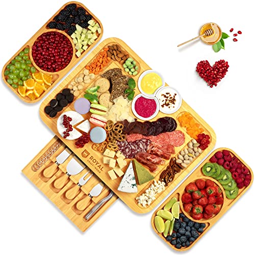 ROYAL CRAFT WOOD Bamboo Cheese Board and Knife Set with Charcuterie Board & Serving Tray with Appetizer Plates & Side Trays (17.5 x 13) - style: 5-6 Guests