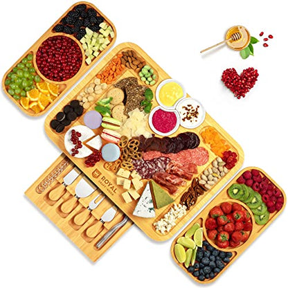 ROYAL CRAFT WOOD Bamboo Cheese Board and Knife Set with Charcuterie Board & Serving Tray with Appetizer Plates & Side Trays (17.5 x 13) - style: 5-6 Guests