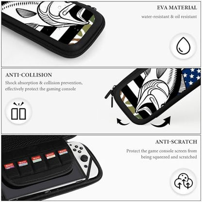 PUYWTIY Portable Hard Shell Case Compatible with Nintendo Switch, Travel Carrying Storage Bag with 15 Game Cartridges American Flag Camo Fishing Fish Game Console Pouch - color: Color(98)