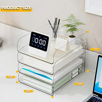 HIYOHIYO Clear Office Desk Organizer for A4 Letter Paper, 4-Tier Vertical | Stackable | Large Capacity | Sturdy Office DeskTtop Organizer for File Folder, Stable Home Desk Paper Holder and Storage - size: 10" x 13" x 11"