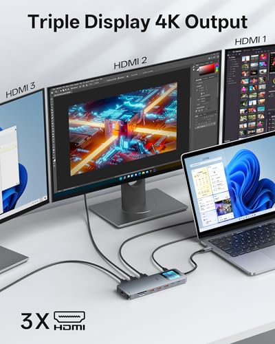 Selore Laptop Docking Station 3 Monitors USB C Docking Station 3 HDMI | Smart Display, Triple 4K HDMI, 2.5G Ethernet, 100W PD, 10Gbps USB A/C 3.1, SD/microSD Slot for Dell/HP/Lenovo Windows Laptops - color: Space Grey