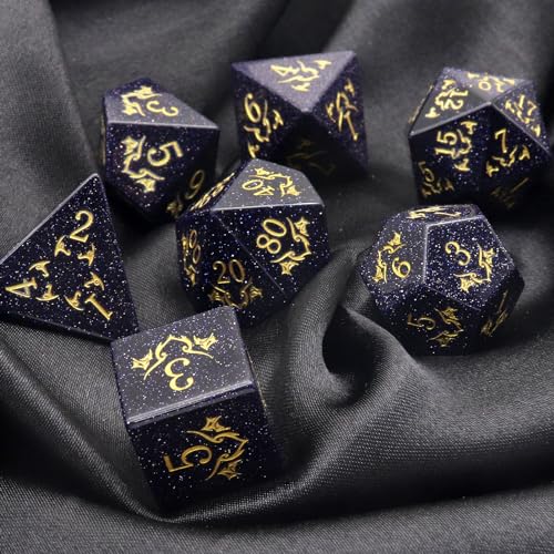 Haxtec Gemstone DND Dice Set Blue Sandstone Precious Gemstone Dice Set Compatible with Dungeons and Dragons TTRPG Gifts for Dungeons Masters Premium Dice Case DND Gifts - color: Dark Blue Gold
