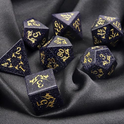 Haxtec Gemstone DND Dice Set Blue Sandstone Precious Gemstone Dice Set Compatible with Dungeons and Dragons TTRPG Gifts for Dungeons Masters Premium Dice Case DND Gifts - color: Dark Blue Gold