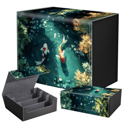 DEGDFSGR Card Game Storage Box for TCG MTG Commander Deck Box MTG Card Box Organizer Trading Card Case Magnetic Closure Creative Pattern Up to 2400 Cards, Green Pond Red White Koi Fish - color: Green Pond Red White Koi Fish