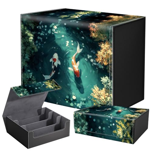 DEGDFSGR Card Game Storage Box for TCG MTG Commander Deck Box MTG Card Box Organizer Trading Card Case Magnetic Closure Creative Pattern Up to 2400 Cards, Green Pond Red White Koi Fish - color: Green Pond Red White Koi Fish