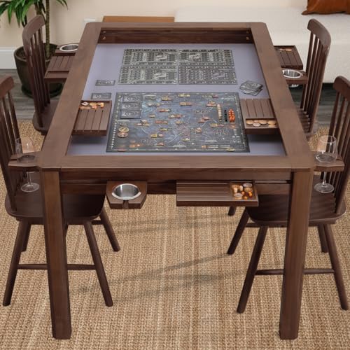 Solid Wood Board Game Table for 4-6 Players with 57.5"x 33.8" | Dining & Gaming Table for Adults with Removable Top, Neoprene Play Mat, Leaf Storage Rack, 6 Cup Holders & Trays, Walnut - color: Warm Walnut, size: Overlay Leaves