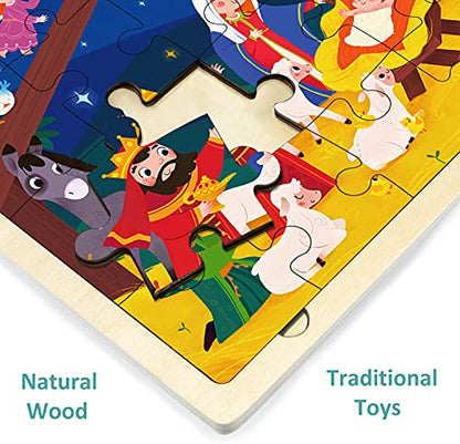 Nativity Scene Kids 24 Piece Puzzle for 3 Year Old | Unique Shape Jigsaw Pieces, Christmas Wooden Jigsaw Puzzles for Kids Ages 3-5, Preschooler Puzzle with Tray