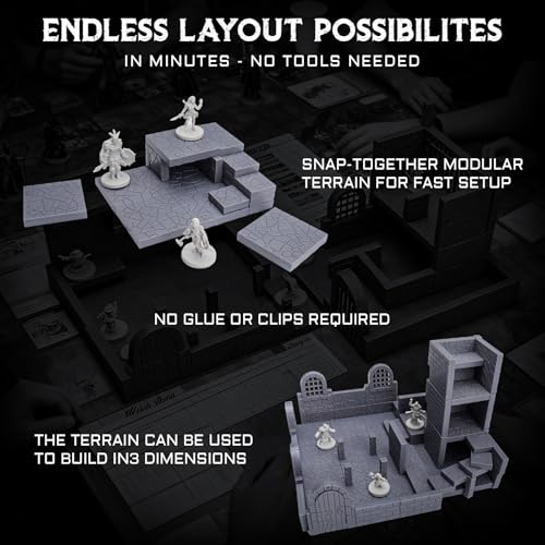 CZYY Magnetic Dungeon Tiles, 58 PCS Modular Terrain Set for RPGs, Basic Set | Double-Sided Texture, Paintable Gray Plastic, Quick Build 3D Battle Maps, Fits 25-32 mm Miniatures, Gift for DM & RPG Player
