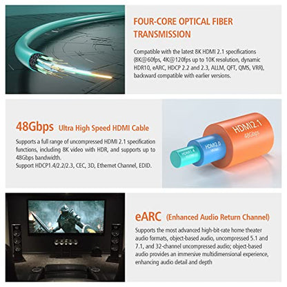 8K Fiber Optic HDMI 2.1 Cable, 48Gbps, 8K60, 4K120, HDR, eARC, 10FT | Fiber Optic Technology Reduces EMI and Signal Loss vs Copper Cables for Stable 4K@120Hz Gaming and Long-Distance 8K Video - color: A-8K Fiber Gen3/C, size: 10FT