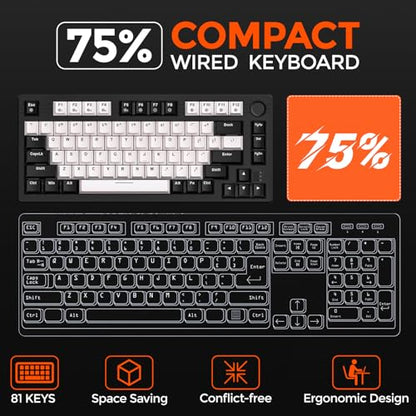 DAREU EK75 Wired Mechanical Keyboard,75% Keyboard with Volume Knob,Gasket Mount Mechanical Gaming Keyboards,81 Keys Rainbow Backlit,PBT Keycaps,Linear Dream Switch for PC Laptop Windows(Black-White) - color: Black-White