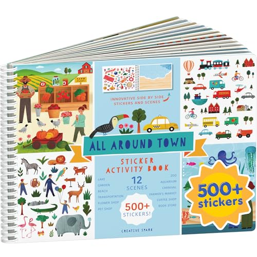 All Around Town 500+ Kids Sticker Book by Cupkin Fun Toddler Travel Activity Coloring and Sticker Book, Road Trip Essentials, 12 Coloring Pages 12 Side by Side Scenes for Ages 2–8 Years - color: All Around Town