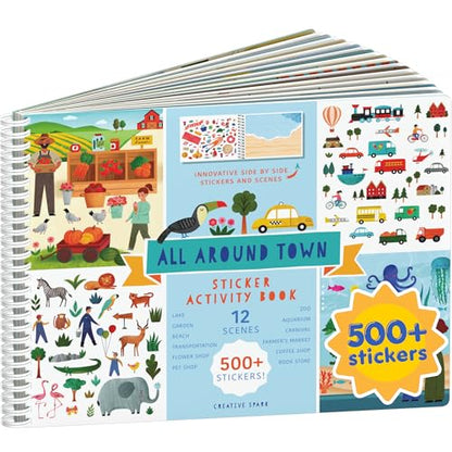 All Around Town 500+ Kids Sticker Book by Cupkin Fun Toddler Travel Activity Coloring and Sticker Book, Road Trip Essentials, 12 Coloring Pages 12 Side by Side Scenes for Ages 2–8 Years - color: All Around Town