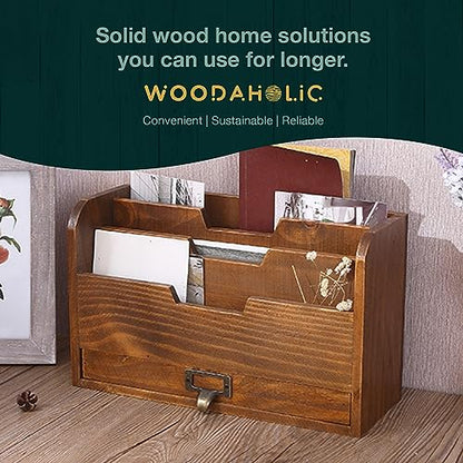 Rustic Wooden Desk Organizer - Vertical File Sorter with 3 Compartments & 1 Paper Tray Drawer - Mahogany Wood