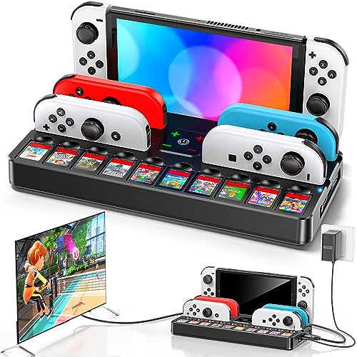 Switch Docking Station for TV with Controller Charger, Replacement for Switch TV Dock with HDMI Adapter, SW Base Station Portable Charging Dock with 10 Game Slots - size: S-Black-Switch 1
