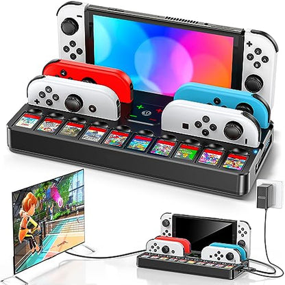 Switch Docking Station for TV with Controller Charger, Replacement for Switch TV Dock with HDMI Adapter, SW Base Station Portable Charging Dock with 10 Game Slots - size: S-Black-Switch 1