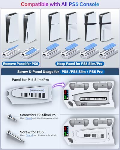PS5/PS5 Slim/PS5 Pro Stand and Cooling Station with Dual Controller Charging Station for PlayStation 5 Console, PS5 Accessories Incl. Controller Charger, Cooling Fan, Headset Holder, 3 USB Hub, White - color: White