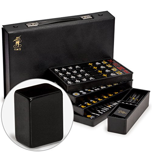 Yellow Mountain Imports Japanese Riichi Mahjong Set - Black Standard Size Tiles and Vinyl Case - with East Wind Tile, Set of Scoring Sticks, & Dice - color: Black