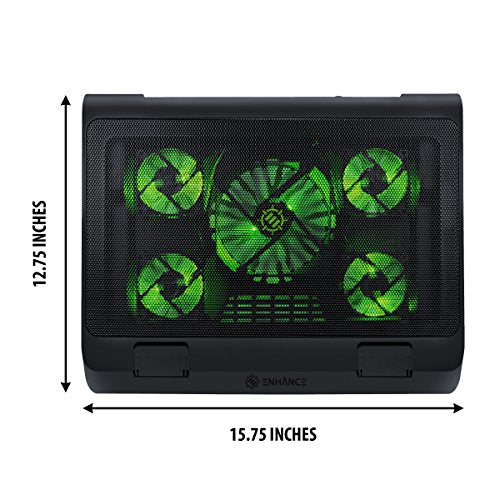 Enhance Gaming Laptop Cooling Pad Stand with LED Cooler Fans, Adjustable Height, & Dual USB Port for 17 inch Laptops - 5 Ultra Quiet High Performance Fans 2630 RPM & Built-in Bumpers - Green - color: Green