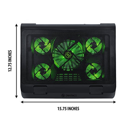 Enhance Gaming Laptop Cooling Pad Stand with LED Cooler Fans, Adjustable Height, & Dual USB Port for 17 inch Laptops - 5 Ultra Quiet High Performance Fans 2630 RPM & Built-in Bumpers - Green - color: Green