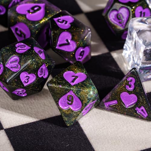 Glitter DND Dice Set Heart Polyhedral Dice Set for D&D Tabletop Game | Leather Storage Bag, DM Gift, for Dungeons and Dragons Role Playing Games - color: Heart/Black