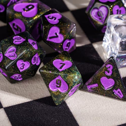 Glitter DND Dice Set Heart Polyhedral Dice Set for D&D Tabletop Game | Leather Storage Bag, DM Gift, for Dungeons and Dragons Role Playing Games - color: Heart/Black