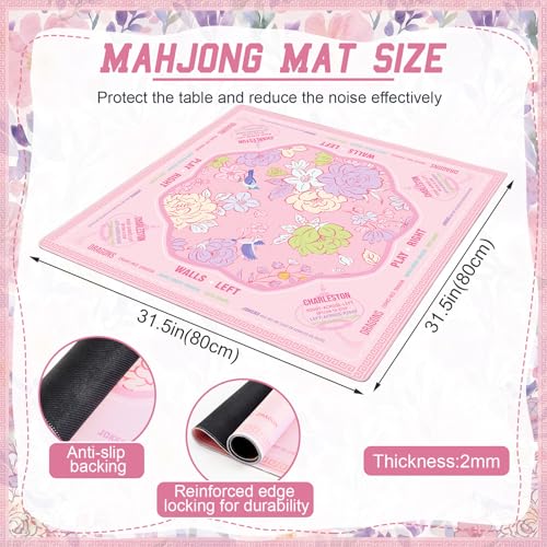 Soulchen Flower Pink American Mahjong Mat for Table with Rules, No Creases, Ships Rolled, 31.5 x 31.5 Non-Slip Noise Reduction Gaming Mat with Carrying Bag for Poker Card Board - color: Pink