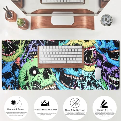 Colorful Skulls Desk Mat Large Gaming Mouse Pad XL Extended Mousepad Desk Pad Big Keyboard Pad Desktop Mouse Mat 31.5''x11.8'' Deskmat for Gamers with Stitched Edges Non-Slip Rubber Base - color: Colorful Skulls