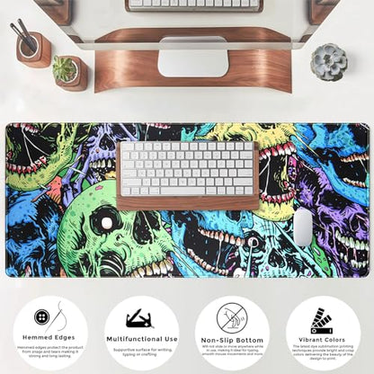 Colorful Skulls Desk Mat Large Gaming Mouse Pad XL Extended Mousepad Desk Pad Big Keyboard Pad Desktop Mouse Mat 31.5''x11.8'' Deskmat for Gamers with Stitched Edges Non-Slip Rubber Base - color: Colorful Skulls
