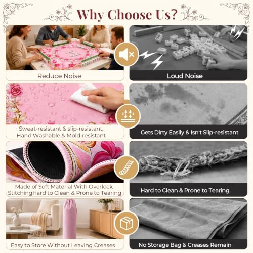 Pink Mahjong Mat for Table & 50PCS Stickers| Carrying Bag, Heavy Floral Mahjong Mats & 2 Dices, Noise Reduction Non Slip Foldable, 31.5x31.5 Game Table Cover, for Playing Card, Board Tile Games - color: Pink