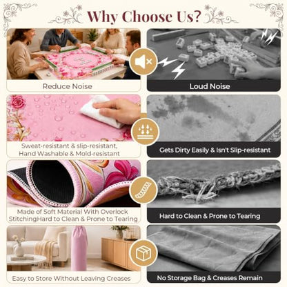 Pink Mahjong Mat for Table & 50PCS Stickers| Carrying Bag, Heavy Floral Mahjong Mats & 2 Dices, Noise Reduction Non Slip Foldable, 31.5x31.5 Game Table Cover, for Playing Card, Board Tile Games - color: Pink