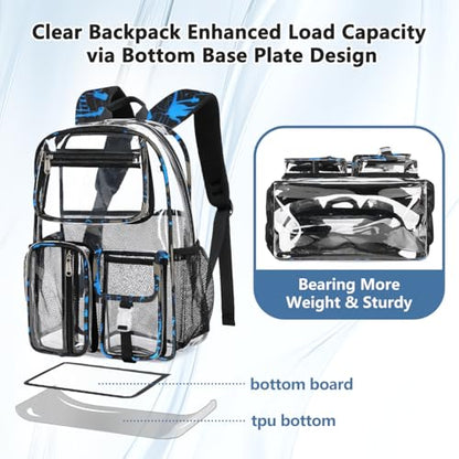Large Clear Backpack Heavy Duty For Stadiums Events,16in TPU Blue BookBag | Large capacity See Through strong Plastic backpack Stitch Durable Design 6-Pocket For School carry Airport Quick Security - color: Blue