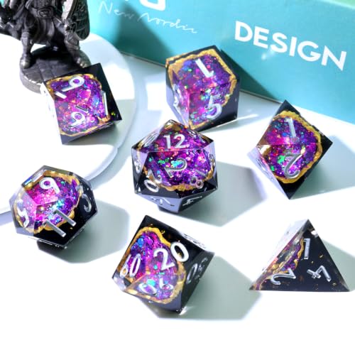 XENOLUX Polyhedral RPG Dice, Resin DND Dice Set for Dungeons and Dragons, Handmade Purple Geode Board Games Accessories with Holographic Foil and Tin Case (G1) - color: G1