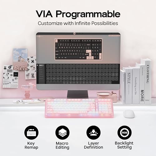 KiiBoom Phantom98 Lite 96% Wireless Mechanical Gaming Keyboard, VIA Programmable, Creamy Keyboard with Gasket, 8000mAh Battery, Hot Swap, RGB Backlits, NKRO for Win/Mac (Pink, Mossy Silent Switch) - color: Pink, size: Mossy Silent Switch