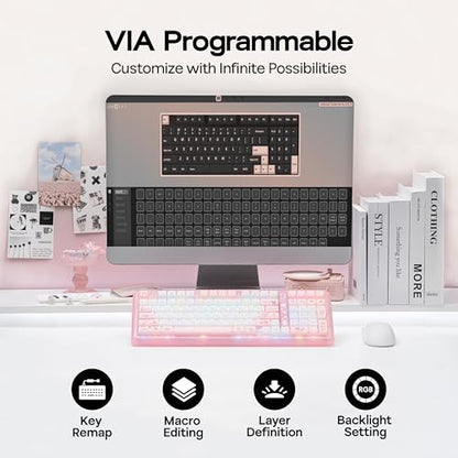 KiiBoom Phantom98 Lite 96% Wireless Mechanical Gaming Keyboard, VIA Programmable, Creamy Keyboard with Gasket, 8000mAh Battery, Hot Swap, RGB Backlits, NKRO for Win/Mac (Pink, Mossy Silent Switch) - color: Pink, size: Mossy Silent Switch