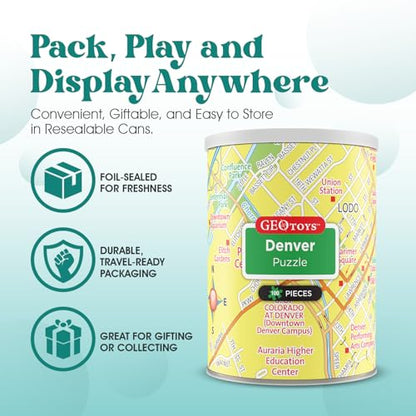 Geotoys Denver Mini City Puzzle - 100 Piece Puzzles for Kids and Adults in Portable Can, 13" x 10" Educational Travel Puzzle for Ages 7 and Up - Mini Puzzles to Learn & Explore Geography - style: Denver