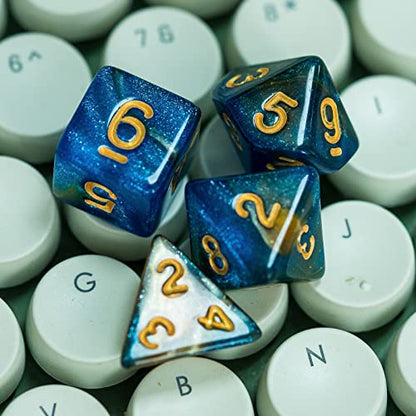 7-Die DND Dice Set Polyhedral Dice Set with a Leather Dice Bag, D&D Dice Set for RPG Table Games (Blue Yellow/Glitter) - color: Blue Yellow/Glitter