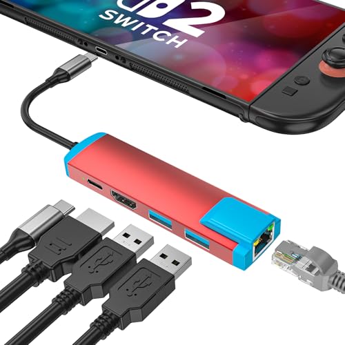 USB C to HDMI Adapter for Switch 2,USB C Docking Station with 4K@60Hz HDMI Port/Type-C PD Port/USB 3.0 Port/1000M LAN Port,Replacement for Official Switch 2/Switch/Switch OLED/Steam Deck Dock - color: Red, size: LAN Model