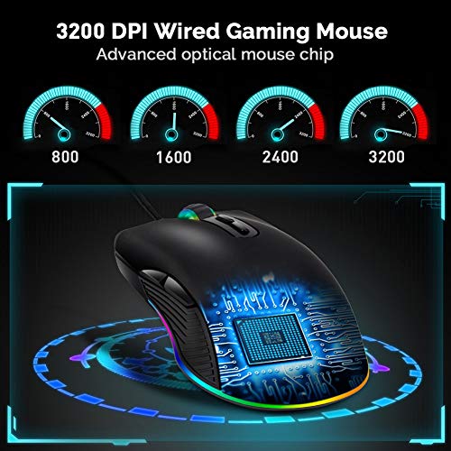 FIRSTMEMORY USB C Ergonomic Wired RGB Gaming Mouse - Optical with Adjustable DPI 800/1600/2400/3200 - Compatible with Notebook, PC, Laptop, MacBook and All Type-C Devices (Black)