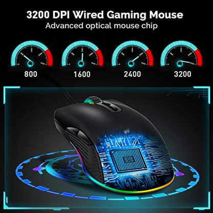 FIRSTMEMORY USB C Ergonomic Wired RGB Gaming Mouse - Optical with Adjustable DPI 800/1600/2400/3200 - Compatible with Notebook, PC, Laptop, MacBook and All Type-C Devices (Black)