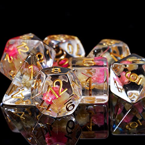 Cusdie 7-Die DND Dice, Polyhedral Dice Set Filled with Flowers, for Role Playing Game D&D Dice (Rose/White w/Golden Numbers) - color: Rose/White W/Golden Numbers