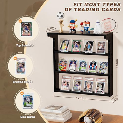 Emfogo Trading Card Display Stand for Wall, 3 Tier Wooden Graded Card Display Stand, Sports Card Display Case, Trading Card Stands for Display Collection, Black