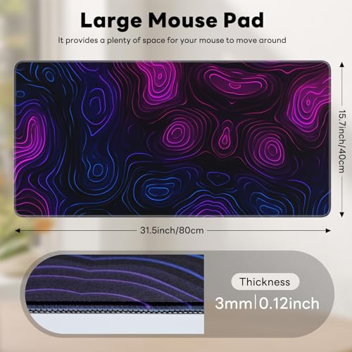Large Gaming Mouse Pad, XL Desk Protector, Non-Slip Base | 31.5x15.7 in Extended Desk Mat with Stitched Edges for Keyboard, Work, Game, Office, Home PC and Laptop - color: Neon Contours