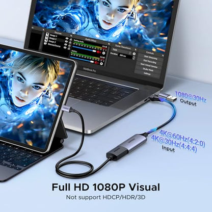 UGREEN Full HD 1080P Capture Card 4K HDMI to USB 2.0 HDMI Video Capture Card USB-A/USB-C Audio Recording for Gaming, Streaming, Teaching Compatible with Switch 2/Xbox/PS4/PS5/Camera
