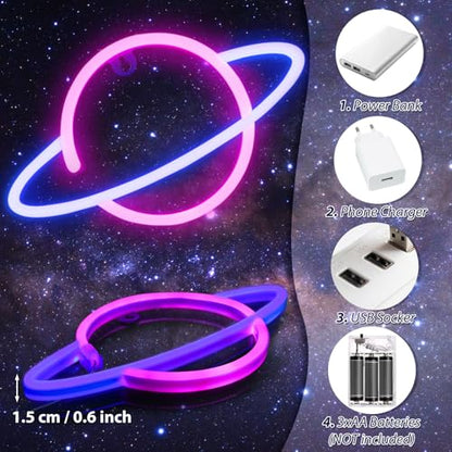 Planet Neon Sign for Wall Decor, Outer Space Night Light | USB or Battery Operated, Pink/Blue Planet Led Lighted Sign, for Bedroom, Gaming Room, Party Time, Kids Gifts