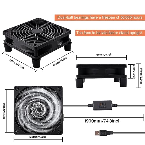 Quiet 120mm Router Fan Cooler with L/M/H 3-Degree Speed Controller, DC 5V USB Powered Cooling Case Fan for Router Modem Receiver DVR PlayStation TV Box - size: 1Pcs 120mm